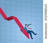 A man slips and falls down a falling chart arrow, illustration for a downward trend, economic crisis, falling market, stock market crash.