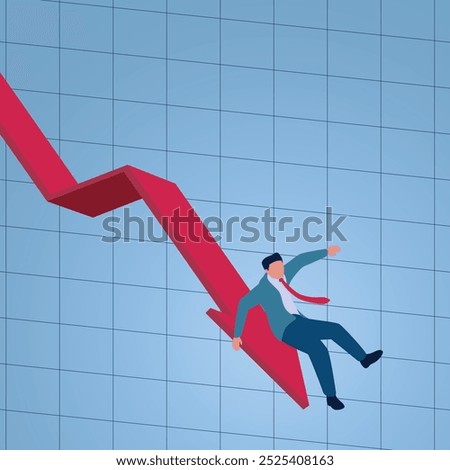 A man slips and falls down a falling chart arrow, illustration for a downward trend, economic crisis, falling market, stock market crash.