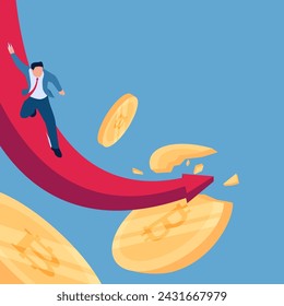 Man slips and falls on a descending graph arrow crashing crypto coins to the ground, illustration for crypto collapse.