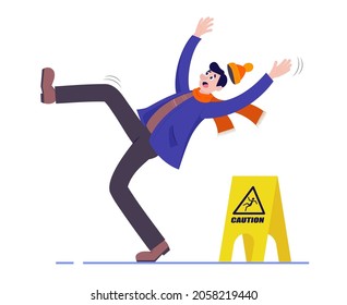 The man slips and falls on the wet floor. A sign of caution. Vector illustration