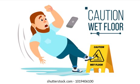 Man Slips On Wet Floor Vector. Modern Businessman. Situation In Office. Danger Sign. Clean Wet Floor. Isolated Flat Cartoon Character Illustration
