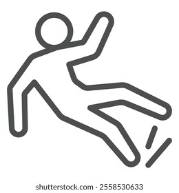 Man slips warning line icon, labor protection, worker safety concept. Vector graphics. Human with wet floor sign on white background, outline style icon for mobile or web design