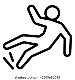 Man slips warning line icon, labor protection, worker safety concept. Vector graphics. Human with wet floor sign on white background, style mobile or design