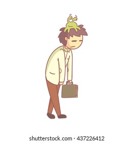 Man With Sloth Monster On The Head Shuffling To Work Flat Outlined Pale Color Funny Hand Drawn Vector Illustration Isolated On White Background