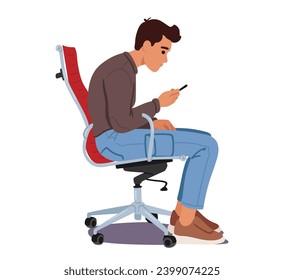 Man Slouches On A Chair, Engrossed In His Smartphone, His Body Contorted In A Poor Posture while he Looking on Screen. Male Character Perform Improper Pose with Cellphone. Cartoon Vector Illustration