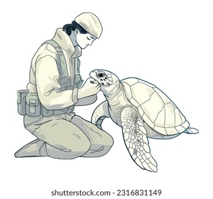 Man Slow walking turtle enjoys aquatic outdoors icon isolated