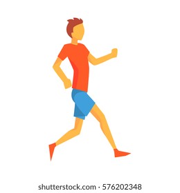 Man Slowly Running Warming Up, Male Sportsman Running The Track In Red Top And Blue Short In Racing Competition Illustration