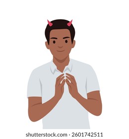 Man with a sly smile and small red devil horns stands with his hands clasped, mischievous intent. Flat vector illustration isolated on white background