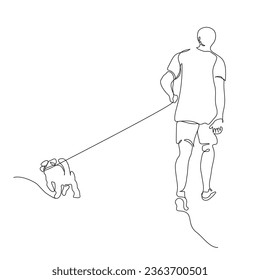 Hombre y perro pequeño yendo en direcciones opuestas. El propietario tirando del perro. Dibujo continuo de líneas. Ilustración vectorial en blanco y negro en estilo de arte en línea.