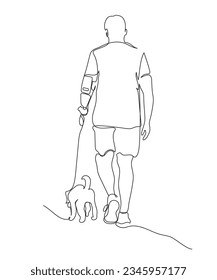 Man with small dog jogging. Mobile phone is in hand holder. Back view. Vector illustration in line art style. 