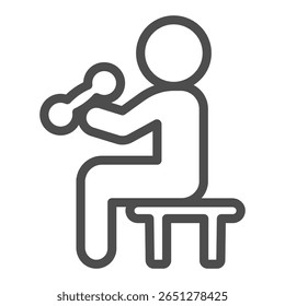 Man with small dumbbell and chair line icon, body building concept. Vector graphics. Athlete man on bench, training sign on white background, outline style icon for mobile or web design