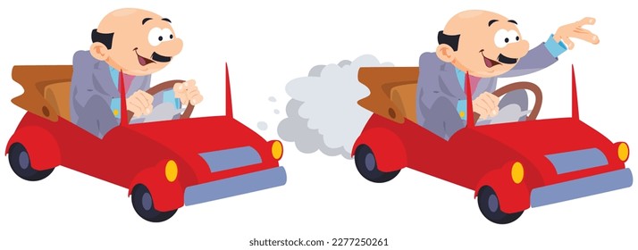 Mann in einem kleinen lustigen Auto. Der Fahrer fährt. Illustration Concept Template für Website, Web-Landing-Seite, Banner, Präsentation, Social, Poster, Promotion oder Printmedien.