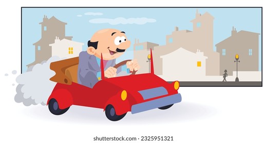 Man in small funny car. Driver is driving. Illustration concept template for website, web landing page, banner, presentation, social, poster, promotion or print media.