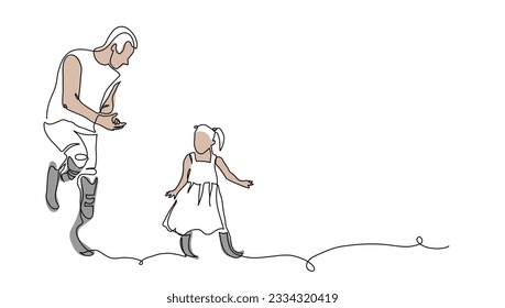 Man and small girl with prosthetic legs, artificial limbs are dancing. One continuous line art drawing of persons with prosthetics. Simple vector illustration of enjoing life with artificial limbs.