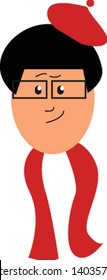 Um homem com um chapéu vermelho pequeno, lentes de vidro sem moldura ou ponte, xale de seda vermelho ao redor do pescoço e olhos rolados para baixo tem uma expressão de sorriso no rosto, vetor, desenho a cores ou ilustração.