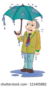 Man with a Small Umbrella and All Wet in the Rain, vector illustration