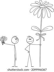 Man with small valentine bouquet is looking at big flower of another man or lover, vector cartoon stick figure or character illustration.