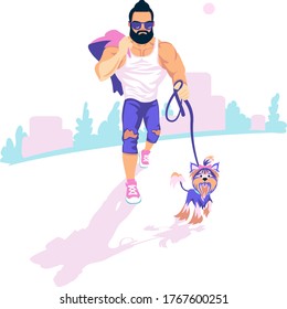 Man with small yorkshire terrier vector illustration. Bearded athlete guy walk a dog flat style design.