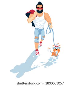 Hombre con pequeña ilustración portadora de yorkshire. Un atleta con barba camina un diseño de estilo plano de perro.