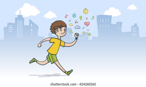 Man with smart band running in the city, hand drawn style