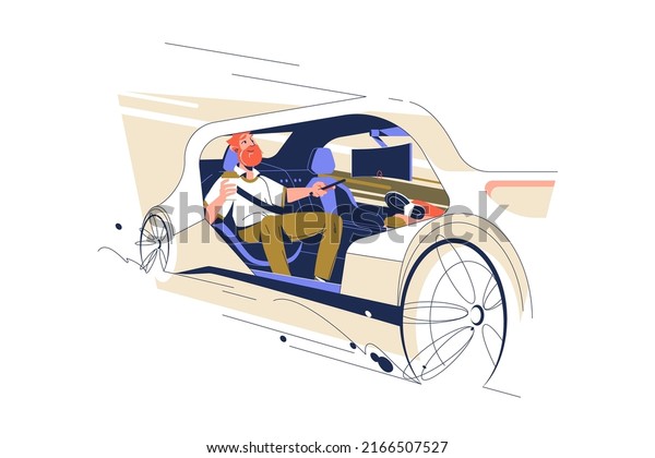 Man in smart future autonomous auto vector\
illustration. Intelligent, electric and safety machine flat style.\
Service controlled via smartphone. Modern vehicle concept. Isolated\
on white background