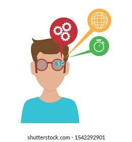 man with smart glasses and apps menu vector illustration design
