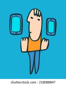 Man with smart phone and digital tablet