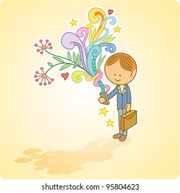 Man with a smart phone or other tablet in his hand with a lot of flourish and paisley coming out from that