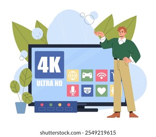 Hombre con televisión inteligente. Joven cerca de la pantalla de televisión. Televisión, gadget y dispositivo. Pantalla LCD y control remoto. Diversión y ocio. Ilustración vectorial plana aislada sobre fondo blanco