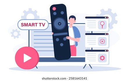 Man with smart tv. Young guy with huge remote control on TV screen. Television and multimedia, broadcast. Fun and entertainment. Home cinema box. Flat vector illustration