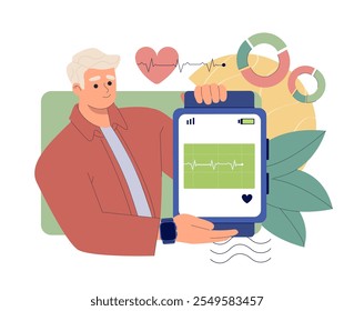 Man with smart watch. Young guy with smartwatch with information and infographics. Healthy and sportive lifestyle. Pulse and cardiogram. Flat vector illustration isolated on white background