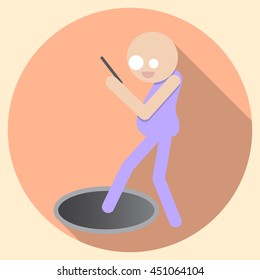 Man with Smartphone accidentally stepping into the hole in the ground. Flat icon. Stock vector illustration.