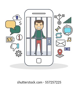 Man with smartphone addiction. Scared man in cage on the screen. Icons as message bubbles, dislike, connection and battery.