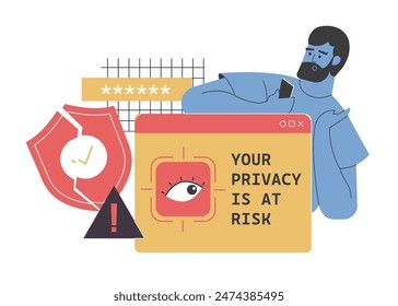 Man with a smartphone, a broken shield, and a warning message indicating 'Your Privacy is at Risk'. Highlights the importance of internet security, data protection, and online privacy. Vector.