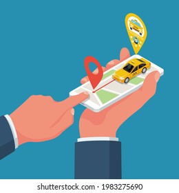 A man with a smartphone call a taxi. Mobile phone in hand. Car taxi on the screen. People delivery service. Vector illustration, isometric 3d design. An application for tracking a car.