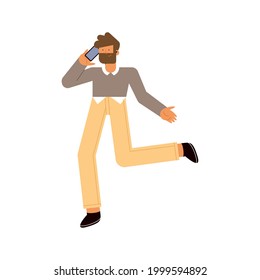 man with smartphone calling on white background