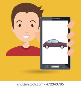 man with smartphone and car web vector illustration design