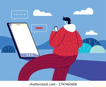 man with smartphone chatting, chat bubble vector illustration design