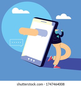 man with smartphone chatting, chat bubble vector illustration design