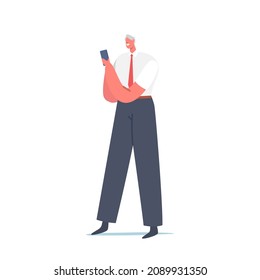 Hombre con chat Smartphone, mensajes de texto, usar cartera digital en redes. Personajes masculinos que se comunican en línea en los servicios de Internet usan gadget. Tecnologías inteligentes en la vida humana. Ilustración del vector de dibujos animados