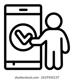 Man and smartphone with checkmark line icon, neural dataset concept. Vector graphics. Human with phone, feedback sign on white background, style mobile or design