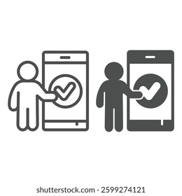 Man and smartphone with checkmark line and solid icon, neural dataset concept. Vector graphics. Human with phone, feedback sign on white background, outline style icon for mobile or web design