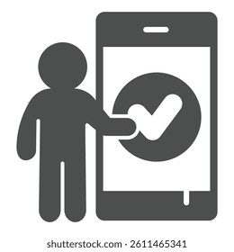 Man and smartphone with checkmark solid icon, neural dataset concept. Vector graphics. Human with phone, feedback sign on white background, glyph style icon for mobile or web design