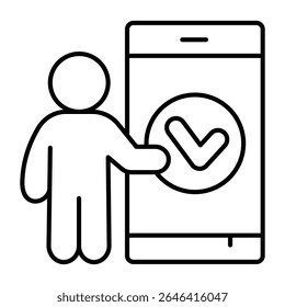 Man and smartphone with checkmark thin line icon, neural dataset concept. Vector graphics. Human with phone, feedback sign on white background, style mobile or design