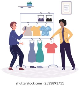 Homem com smartphone escolhe vestuário enquanto faz compras na boutique on-line. Cara com celular olha para a roupa na loja de roupas. Feliz cliente comprando e fazendo pagamentos com gadget digital