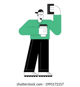 man with smartphone and coffee character