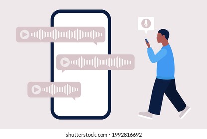 Un hombre con un smartphone se comunica usando mensajes de voz. Ilustración vectorial de color en forma de dibujos animados planos