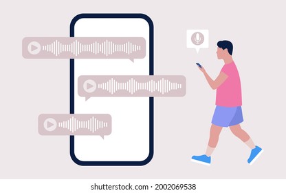 Man with a smartphone communicates using voice messages. Colored vector illustration in flat cartoon style