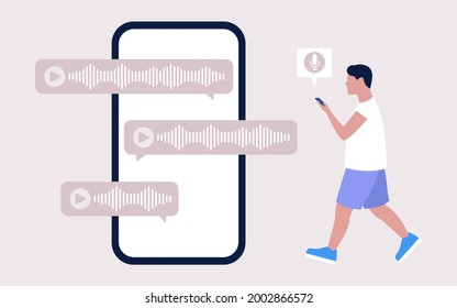 Man with a smartphone communicates using voice messages. Colored vector illustration in flat cartoon style