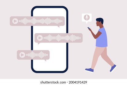 Man with a smartphone communicates using voice messages. Colored vector illustration in flat cartoon style